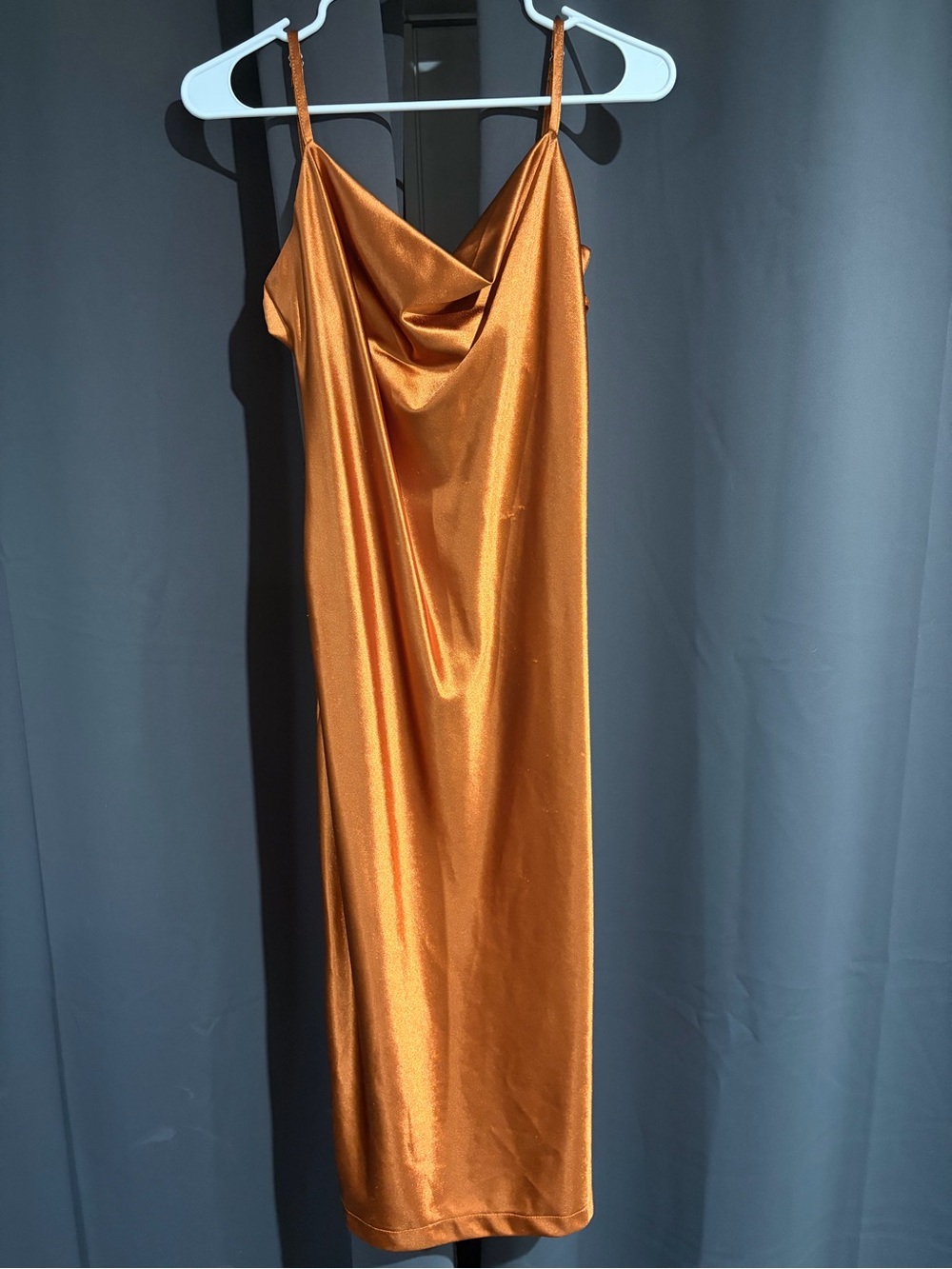 Satin Cowl Midi Slip Dress in Rust Orange